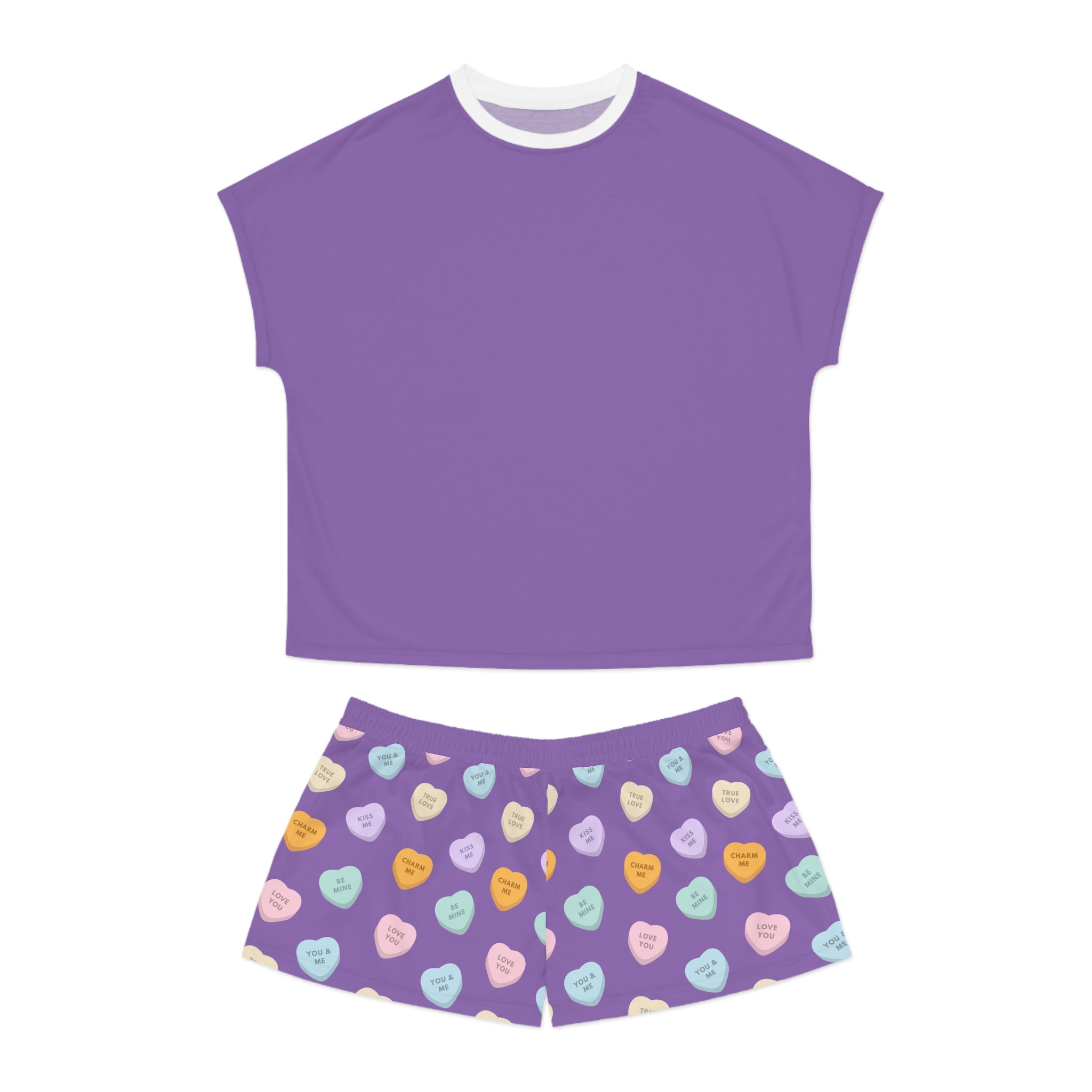Conversation Hearts Pattern Women's Pajama Set | Purple Short Pajamas, Valentine Candy Design