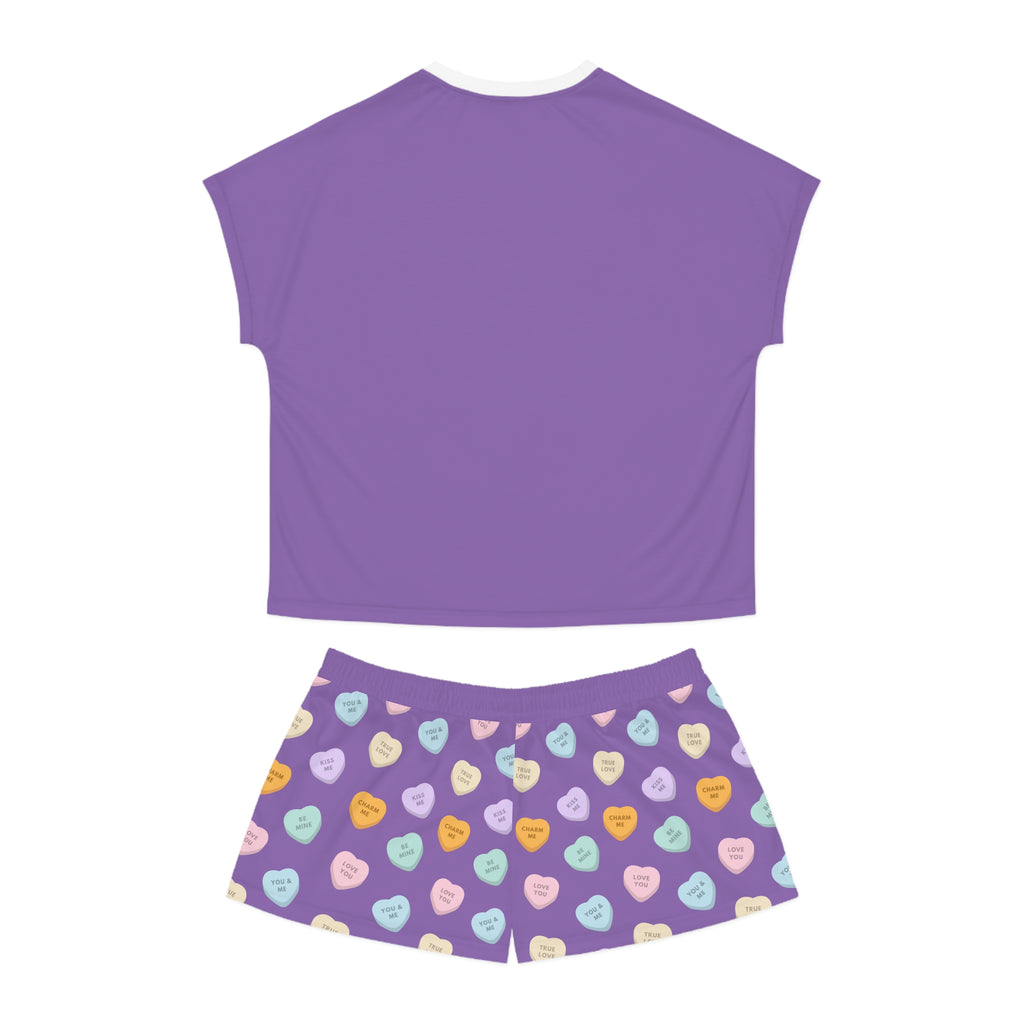 Conversation Hearts Pattern Women's Pajama Set | Purple Short Pajamas, Valentine Candy Design