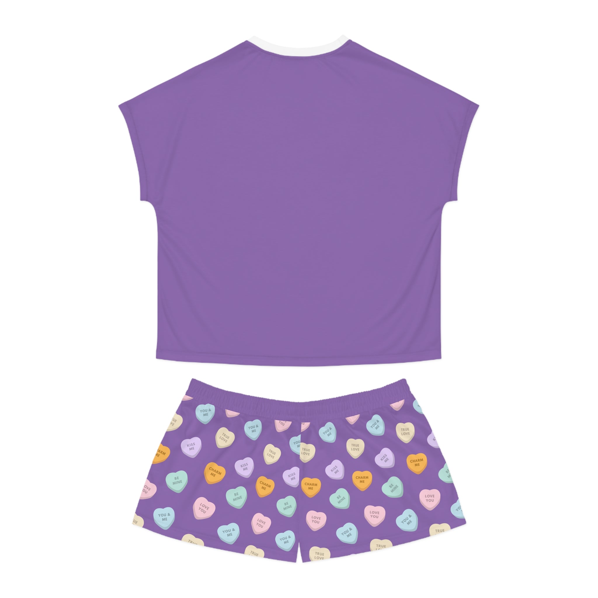 Conversation Hearts Pattern Women's Pajama Set | Purple Short Pajamas, Valentine Candy Design