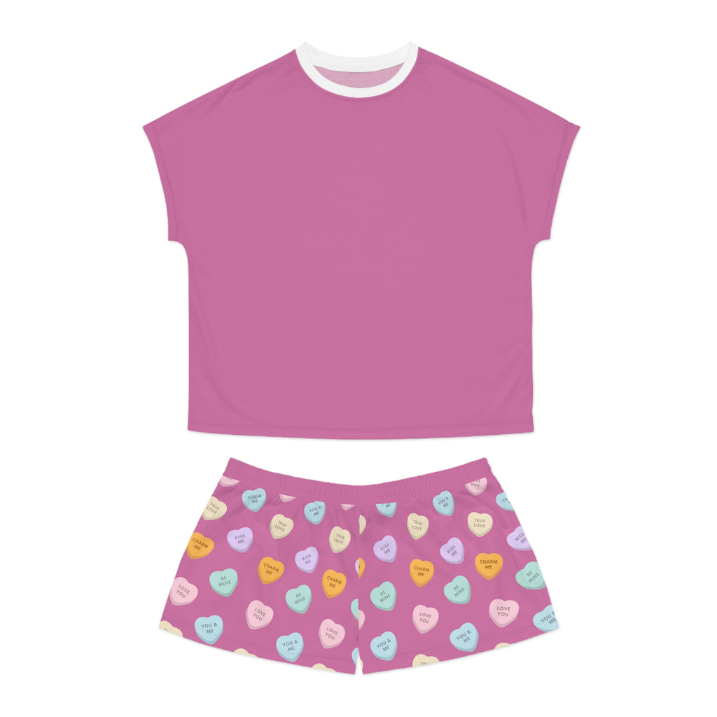Candy Hearts Pattern Women's Pajama Set | Pink Short Pajamas, Valentine Candy Design