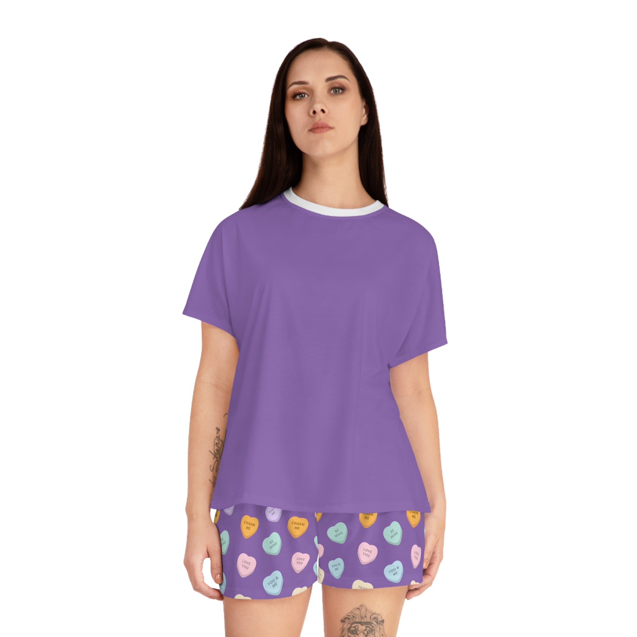 Conversation Hearts Pattern Women's Pajama Set | Purple Short Pajamas, Valentine Candy Design