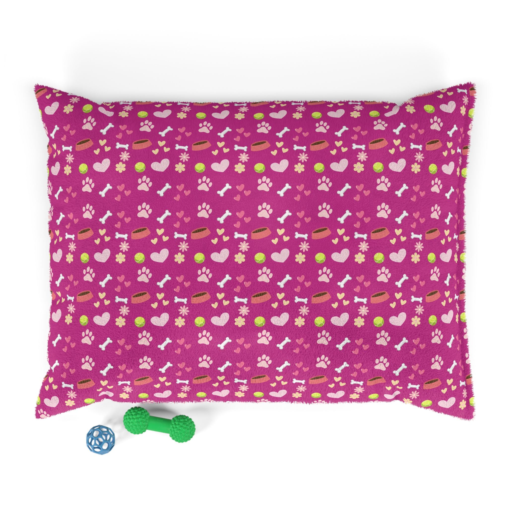 Pink Paw Print Pet Bed — Cozy Dog & Cat Cushion with Hearts, Bones & Toys Pattern