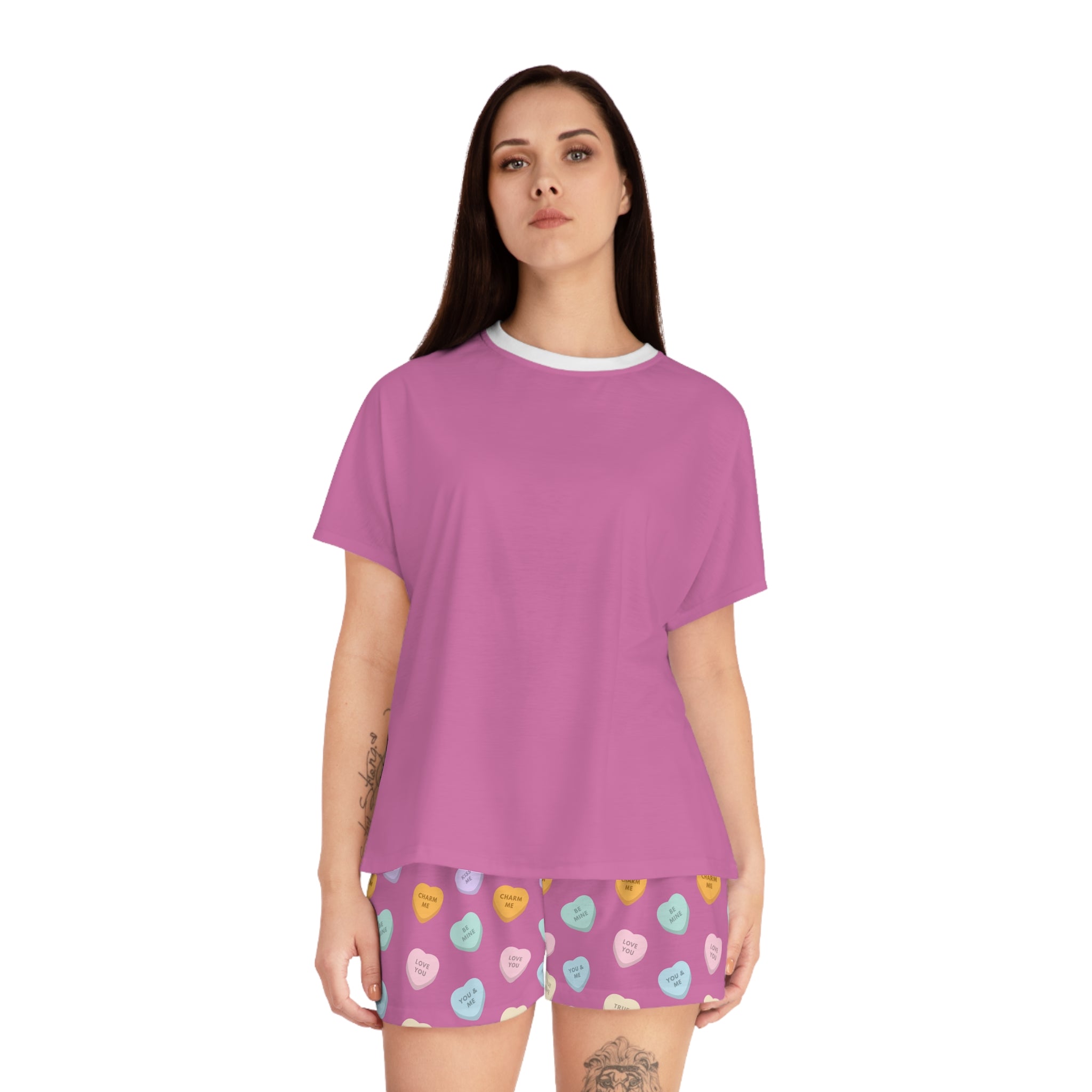 Candy Hearts Pattern Women's Pajama Set | Pink Short Pajamas, Valentine Candy Design