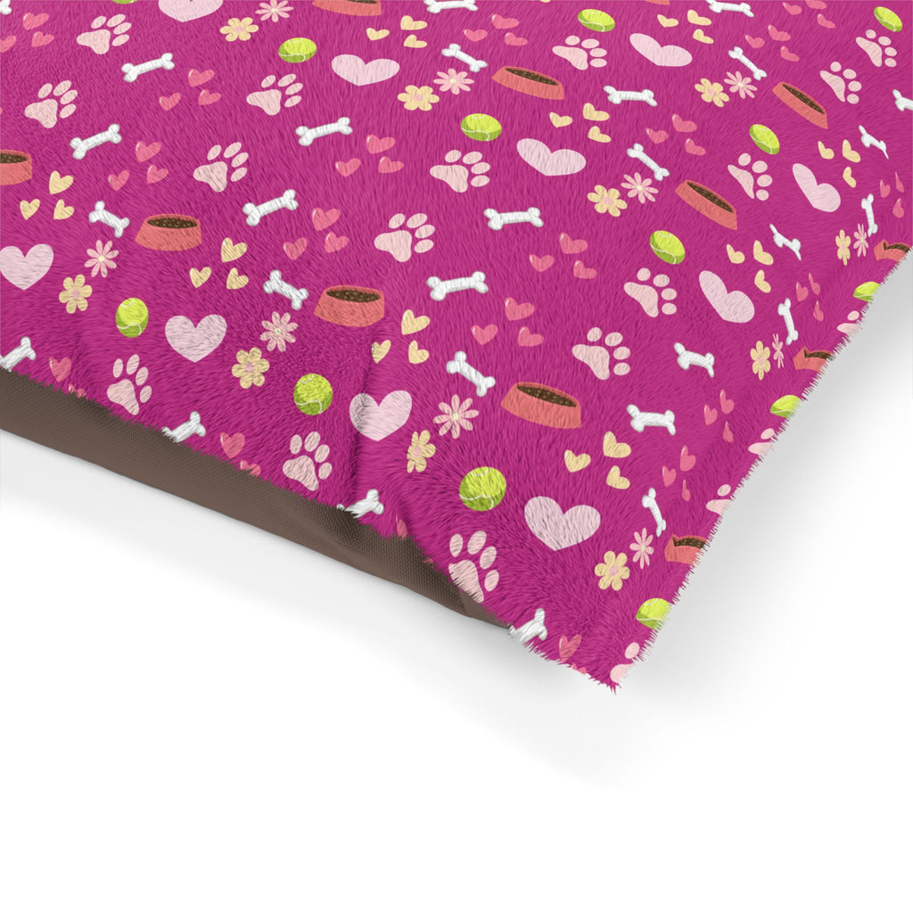 Pink Paw Print Pet Bed — Cozy Dog & Cat Cushion with Hearts, Bones & Toys Pattern