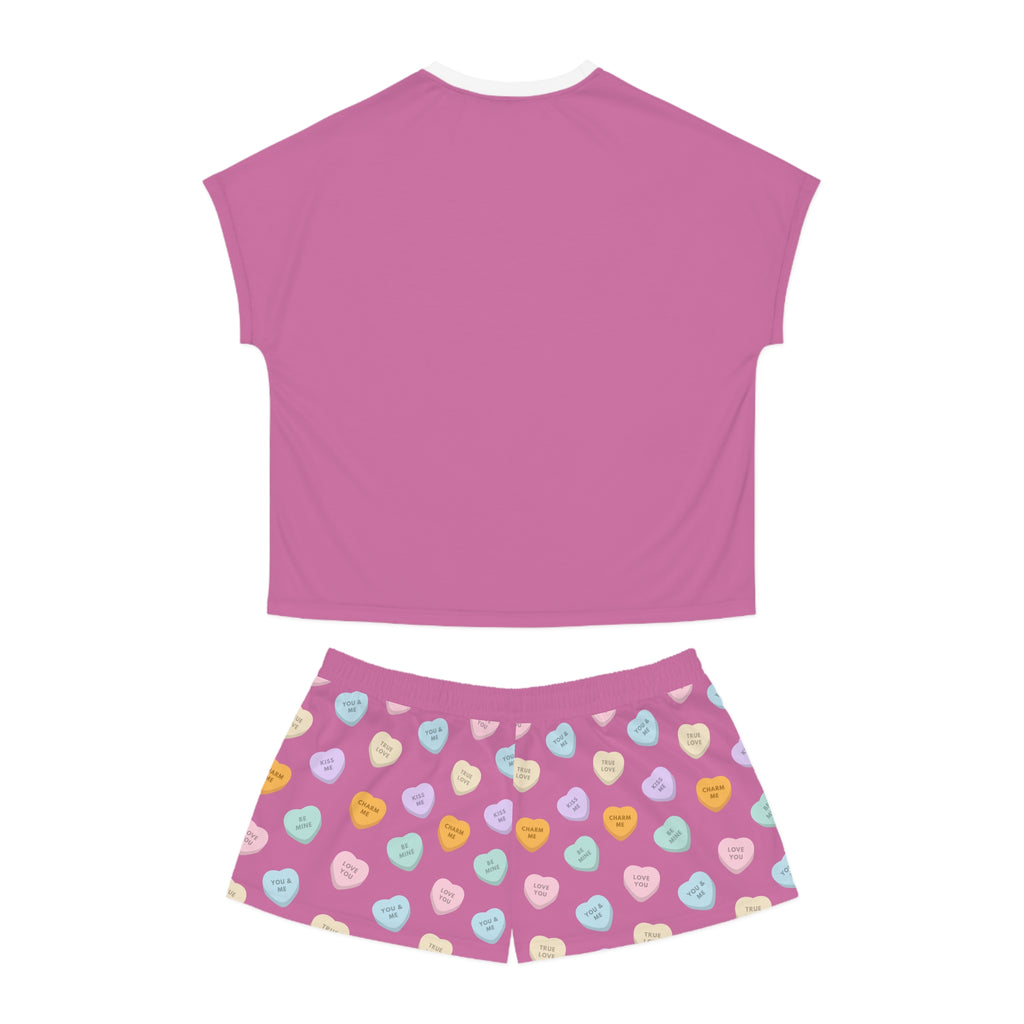Candy Hearts Pattern Women's Pajama Set | Pink Short Pajamas, Valentine Candy Design