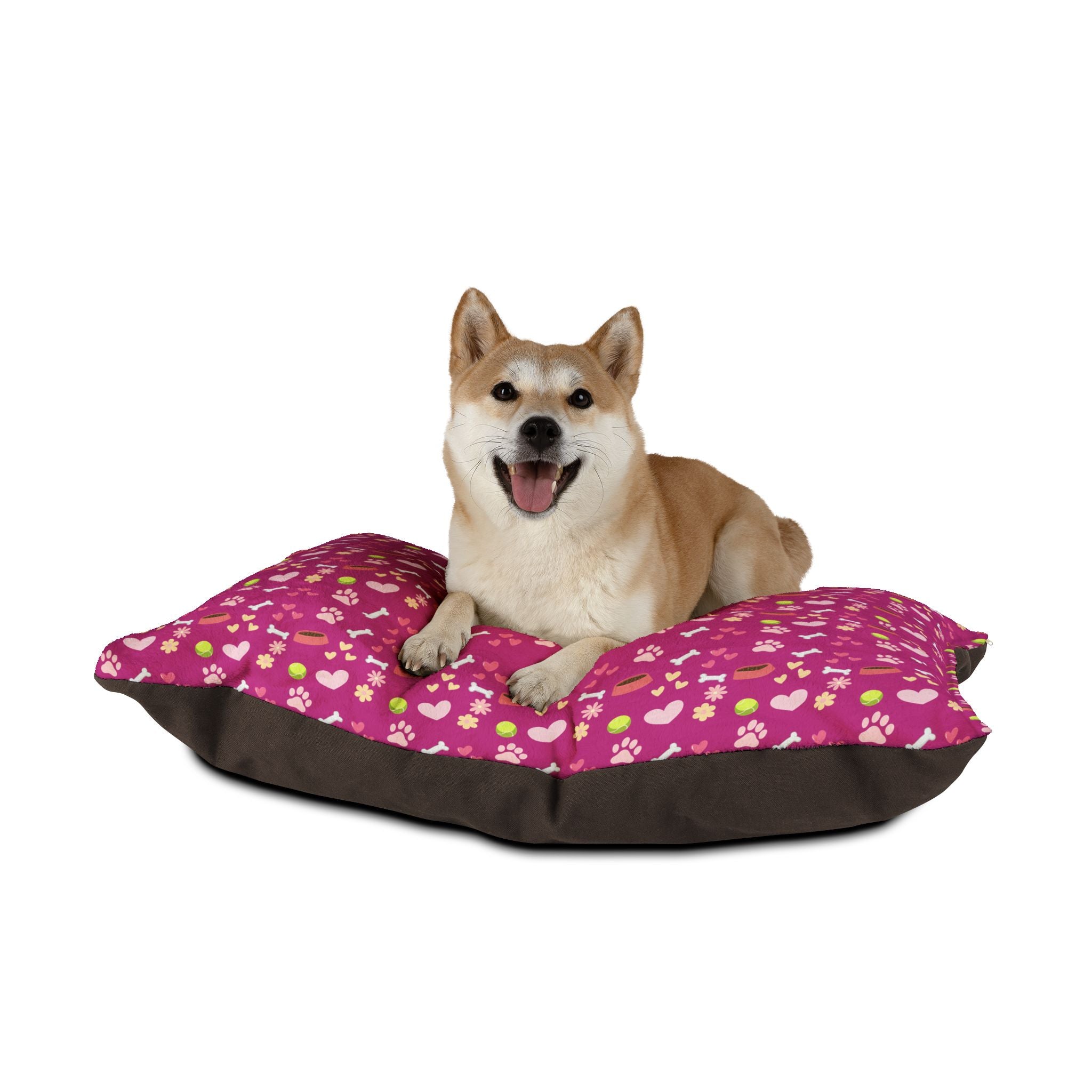 Pink Paw Print Pet Bed — Cozy Dog & Cat Cushion with Hearts, Bones & Toys Pattern